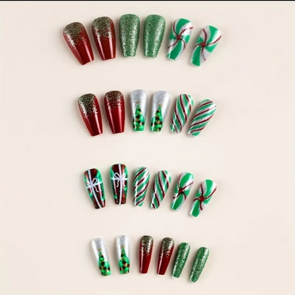 24pcs Red & Green Sparkling Christmas Press-On Nails Set - Picture 4 of 6